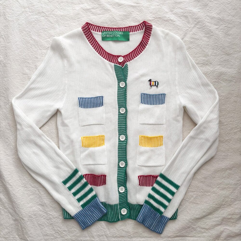 United Colors of Benetton Rainbow Pocket Cardigan XS White Cotton Sheep Logo